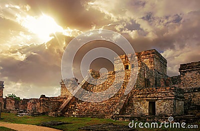 Castillo sunrise ancient Mayan city of Tulum Stock Photo