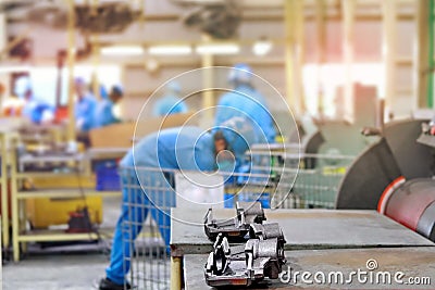 Casting steel form quality control procedering place on tray Stock Photo