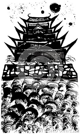 Japanese castle. brush stroke illustration. Cartoon Illustration