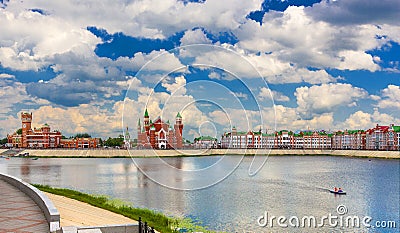 Castle on the background of the blue sky in the water reflection. Stock Photo