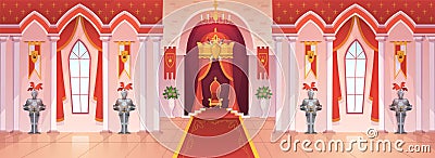 Castle ballroom. Interior medieval royal palace throne royal ceremony room hall kingdom rich fantasy game cartoon Vector Illustration