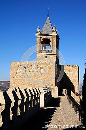 Castle battlements and keep tower, Antequera, Spain. Editorial Stock Photo