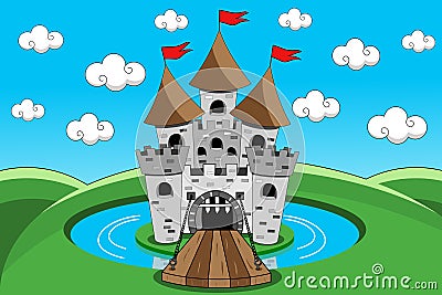 Castle Cartoon Lift Bridge Moat Gate Outdoor Vector Illustration