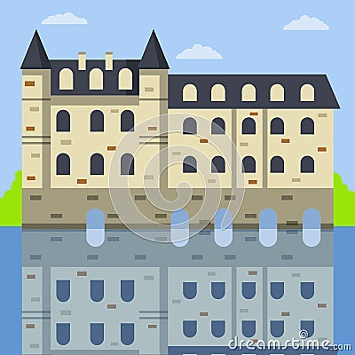 Castle of Chenonceau. French tourist attraction Vector Illustration