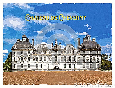 Castle Cheverny. Cheverny, Loir-et-Cher, France. Cartoon Illustration