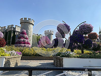 Castle covered by plants and flowers, amazing romantic walk in Miracle garden in Dubai Stock Photo