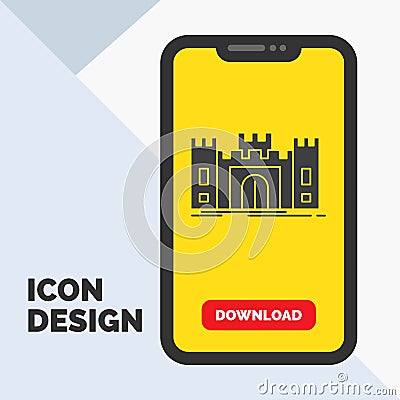 Castle, defense, fort, fortress, landmark Glyph Icon in Mobile for Download Page. Yellow Background Vector Illustration