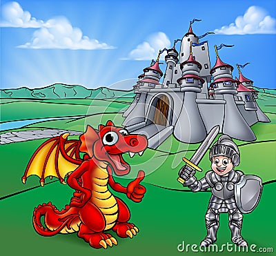 Castle Dragon and Knight Cartoon Vector Illustration