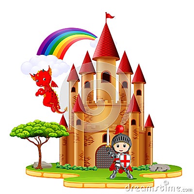 Castle with dragon and a knight Vector Illustration