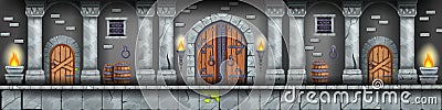 Castle dungeon game background, medieval prison interior, stone pillars, wooden ancient gate, door. Vector Illustration