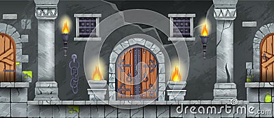 Castle dungeon seamless game background, cartoon medieval prison illustration, stone pillar, wooden gate. Vector Illustration