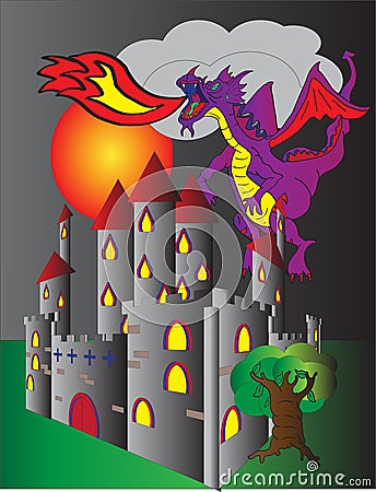 Castle and fire breathing dragon Stock Photo