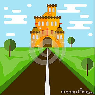 Castle. Flat style. Bright orange castle and road. Vector Illustration