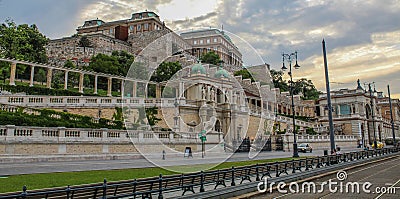 The Castle Garden Bazaar entrance with the Hungarian National Gallery building in the background Editorial Stock Photo