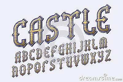 Castle golden blue alphabet. Gaming medieval stylized font. Isolated english alphabet Vector Illustration