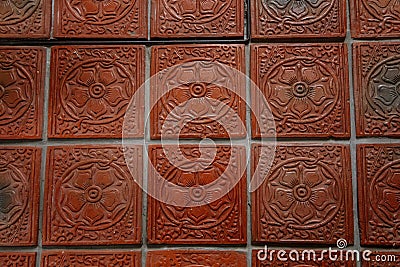 Castle interior. Brick clay floor. Ceramic floor tiles with a picture of a rose. Medieval castle Rozmberk nad Vltavou, South Editorial Stock Photo