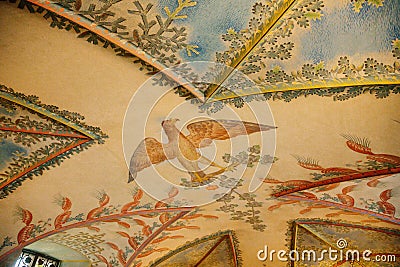 Castle interior, ceiling baroque stucco, bright frescoes, image of bird on branch, floral and natural ornaments, sculptures, Editorial Stock Photo