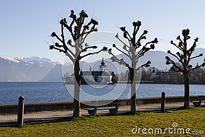 Castle on the island of lake Traunsee Stock Photo