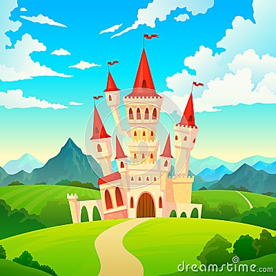 Castle landscape. Palace fairytale kingdom magical towers medieval mansion castles hill forest green mountain cartoon Vector Illustration