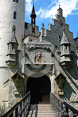 Gateway entrance of castle, gothic revival architecture in Germany Stock Photo