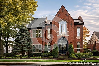 castle-like brick colonial with tall glass windows Stock Photo