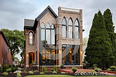 castle-like brick colonial with tall glass windows Stock Photo
