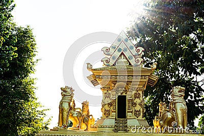 Castle with a lion statue surrounded Stock Photo