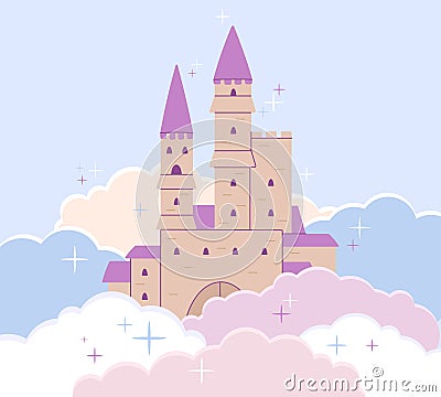 Castle medieval background. Fairytale pink fort in cartoon clouds. Princess fantasy building, tale magic palace. Baby Vector Illustration