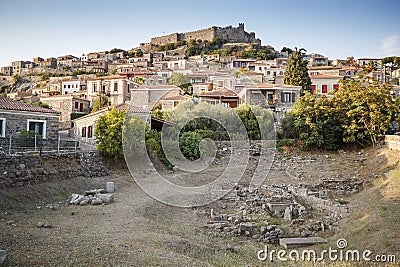 The castle of Molyvos against a clear sky on the north part of Lesvos, in the province of Ancient Mithymna, t Stock Photo