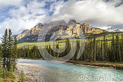 Castle Mountain above Bow River Stock Photo