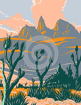 Castle Mountains National Monument located in the Mojave Desert and San Bernardino County California WPA Poster Art Vector Illustration