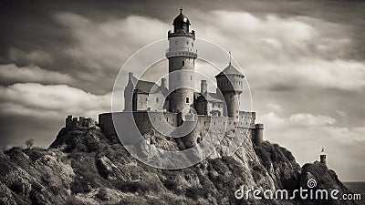 castle in the night black and white photo of A fantasy lighthouse in a medieval castle, Stock Photo