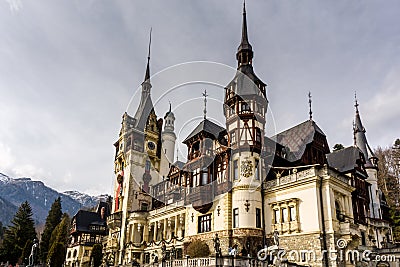 Castle Peles in Sinaia, Romaia, photo taken from the public garden Editorial Stock Photo