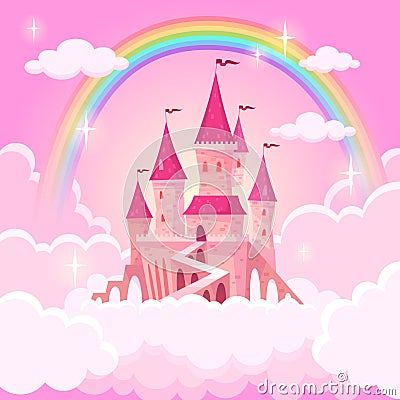 Castle of princess. Fantasy flying palace in pink magic clouds. Fairytale royal medieval heaven palace. Cartoon vector Vector Illustration