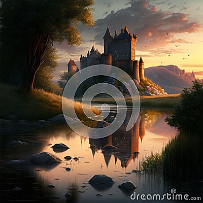 Castle by river at sunset, nice landscape in summer Stock Photo