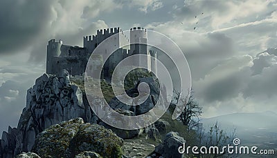 Castle on a rocky hilltop crag Stock Photo