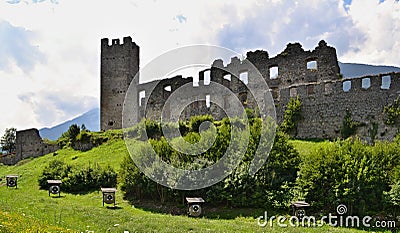 Castle ruins - green vegetation and archery targets under the stone walls Stock Photo