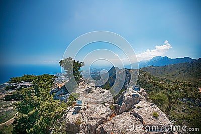 Castle ruins Saint Hilarion , Cyprus . summer rest. vacation, holiday. Holidays with the sea family Stock Photo