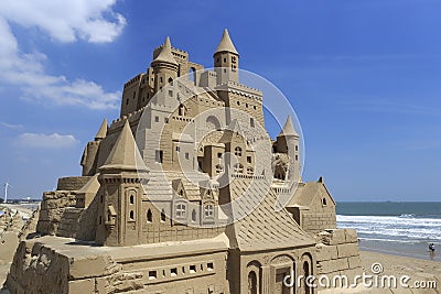 Castle sand sculpture at seaside Stock Photo