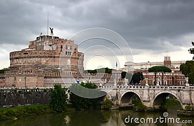 Castle Sant Angelo and Ponte Sant Angelo with its Angel Statues - Rome, Italy Editorial Stock Photo