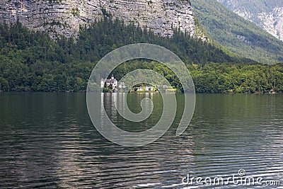 Castle on the shore of Lake Hallstattersee Stock Photo