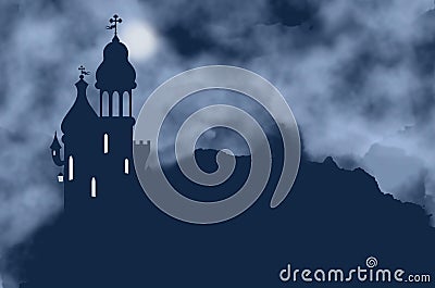 Castle silhouette, lantern and moon on a foggy night Stock Photo