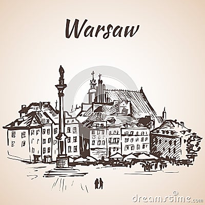 Castle Square in the old quarter of Warsaw, Poland. Sketch. Isolated on white background Vector Illustration