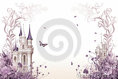 a castle surrounded by purple flowers and butterflies Stock Photo