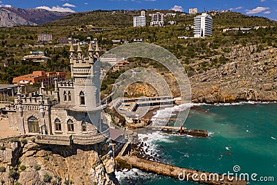 Castle Swallow`s Nest, Crimea. Castle is located in the urban area of Gaspra, Yalta. Aerial shot Stock Photo