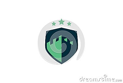 Castle Symbol Design. Vector Logo Template. A kingdom shield of a vintage medieval and classic castle fortress with three stars on Vector Illustration