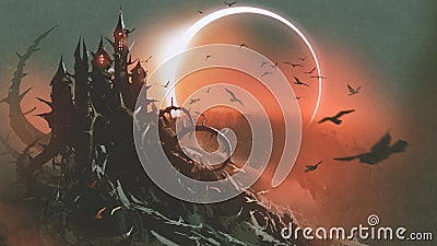 Castle of thorn with solar eclipse in dark sky Cartoon Illustration
