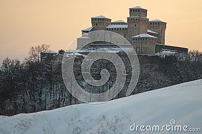 Castle of Torrechiara under the snow Stock Photo