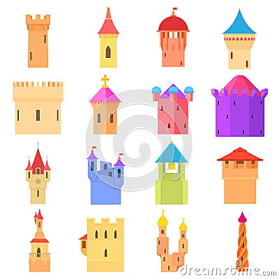 Castle tower icons set color, cartoon style Vector Illustration