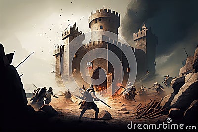 castle under siege, with soldiers hurling arrows and rocks at the invaders Stock Photo